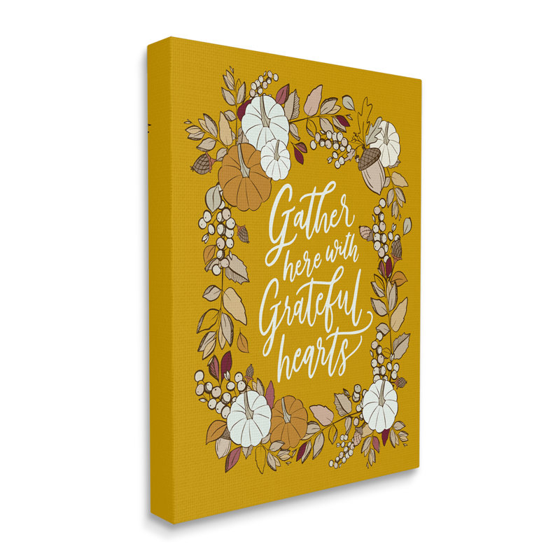 Grateful Hearts, bordure automnale de citrouilles - Art textuel, H 20 po x l 16 po x P 1,5 po, Toile tendue