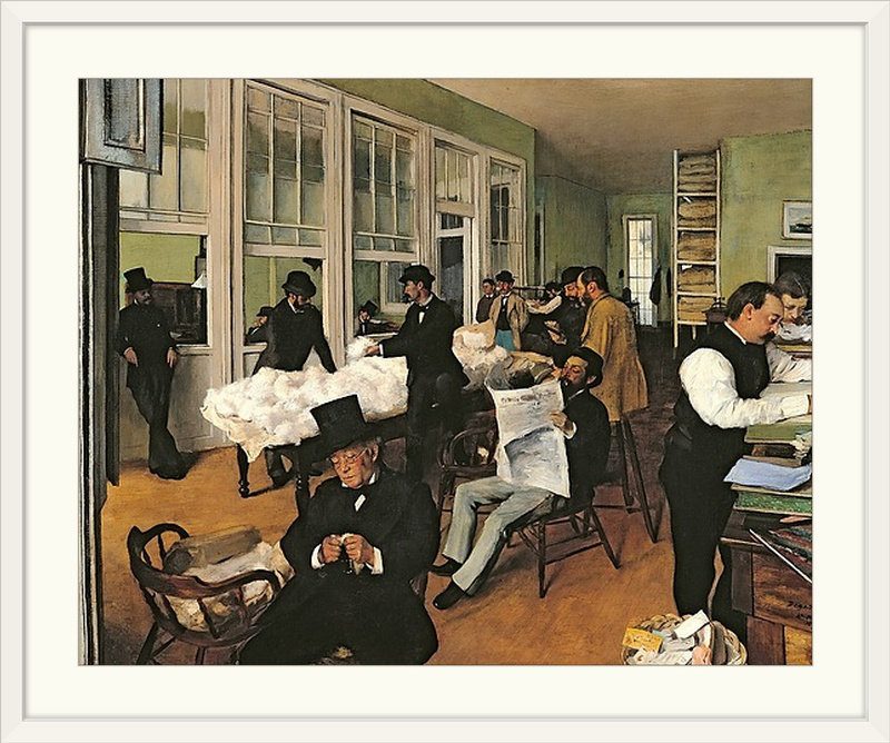 Reproduction d’art sur l’échange de coton, nouvelle-orléans, 1873 Edgar Degas, H 24 po x l 28 po x P 1 po, Cadre blanc