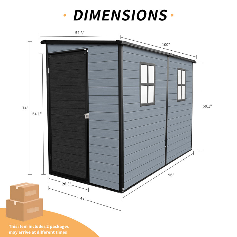 Remise extérieure en plastique 4 x 8 pi avec structure en acier, porte verrouillable et deux fenêtres, pour ranger les outils de jardin