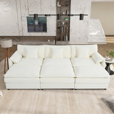 Oversized Deep Seat Sectional Cloud Sofa Sleeper With 3 Ottomans & Soft Pillows, Modular Couch Bed For Living Room, Apartment, DIY Combination Chenille