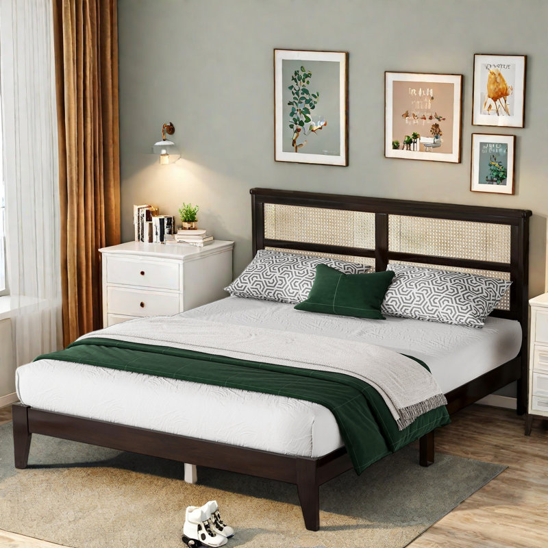 Wooden Platform Bed With Rattan Headboard
