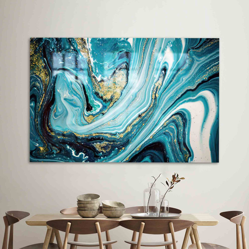 Art abstrait en marbre bleu et doré sur verre trempé pour une décoration murale avec une touche d'élégance et de luxe