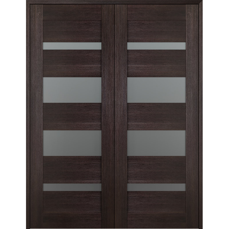 Vona 56" Brown Veralinga Oak Composite 5-Lite Frosted Glass Prehung Interior French Door