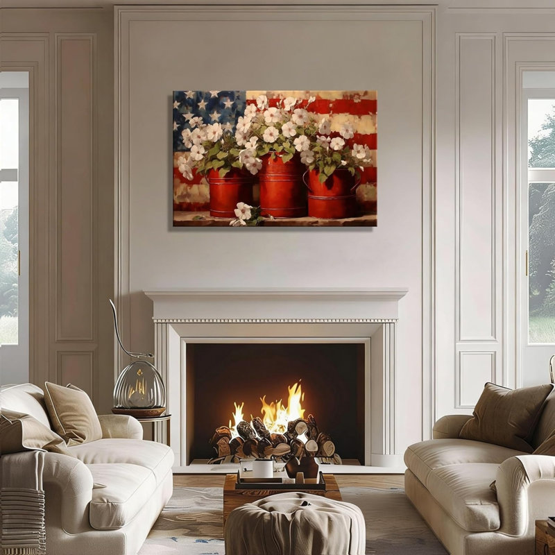 Rustic Flower Bucket Flag Canvas Wall Art 30x20 Inch Memorial Day Independence Day Floral Wall Décor