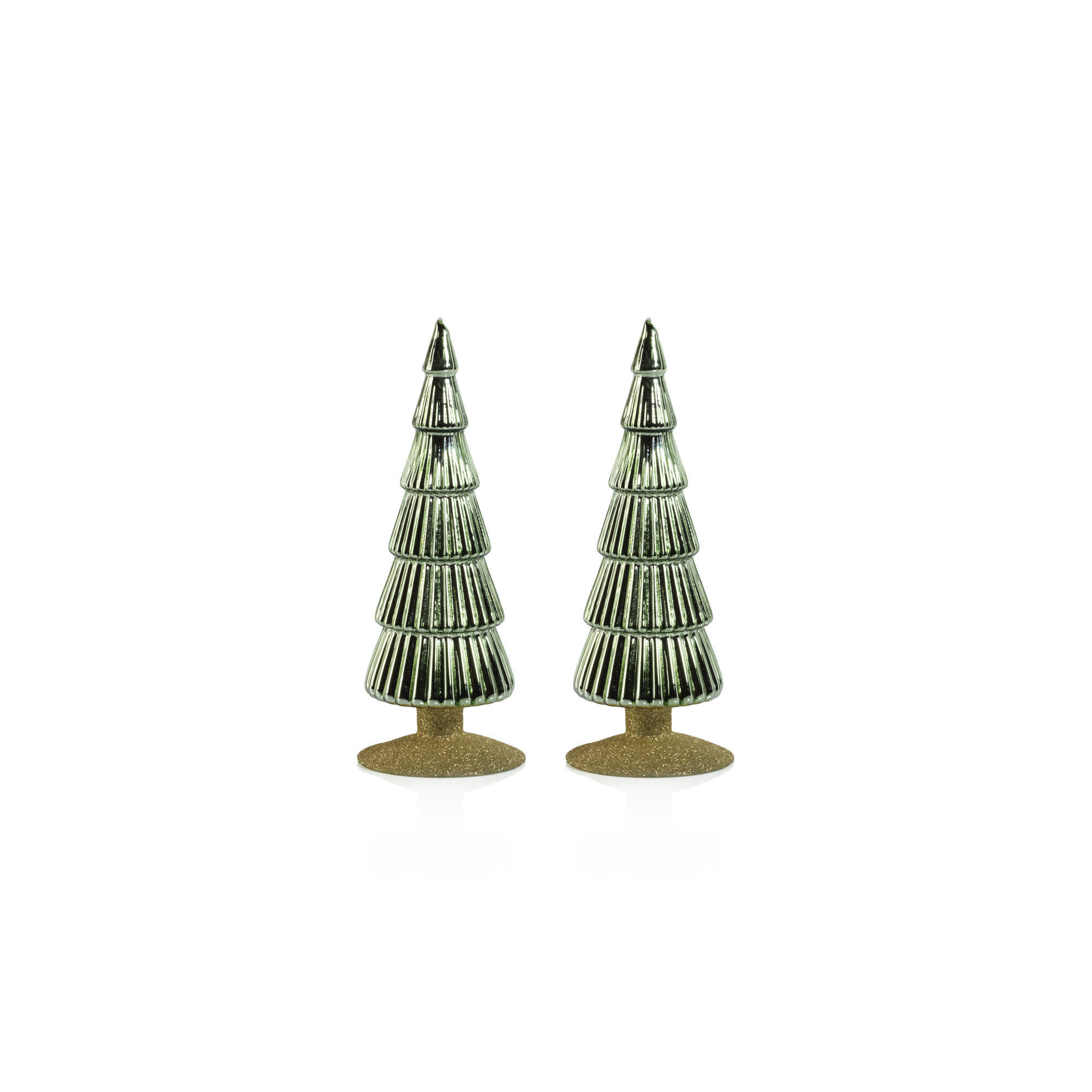 Dembe Classic Red Glass Tree on Gold Glitter Base, Set of 2, Light Green/Gold, 9.5" H x 3.5" W x 3.5" D