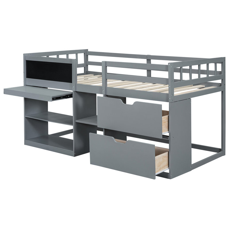 Lit simple gris avec mezzanine basse, bureau roulant, tablette et tiroirs - Système de tablette d'ordinateur, Gris