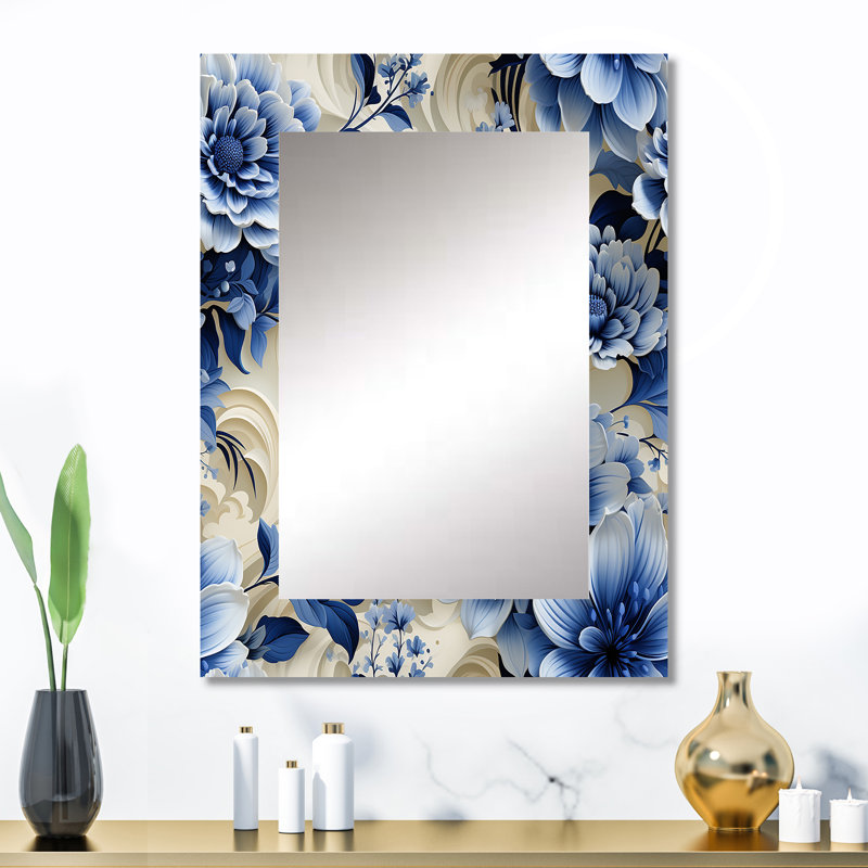 Motif victorien de tourbillons bleu cobalt romantique de Jorgensen - miroir floral unique, grand miroir mural floral, impression d'art en métal