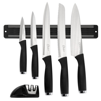Oster Bridgewall 7 Pc Magnetic Wall Mount Stainless Steel Cutlery Set in Black with Sharpener