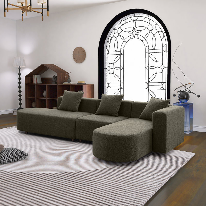 Élégant canapé moderne en forme de L avec 3 coussins, Retour à droite, Polyester vert