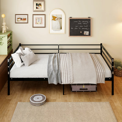 Children's loft bed, surround-around sofa-style metal bed, 11.8-inch safety guardrail, space-saving, black.