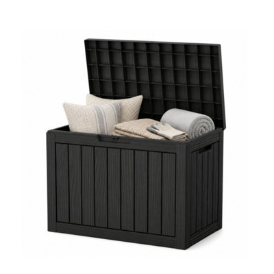 45 Gallon Wood-Look Deck Box, Weather-Resistant with Soft-Close Lid & Lockable Design for Patio & Balcony