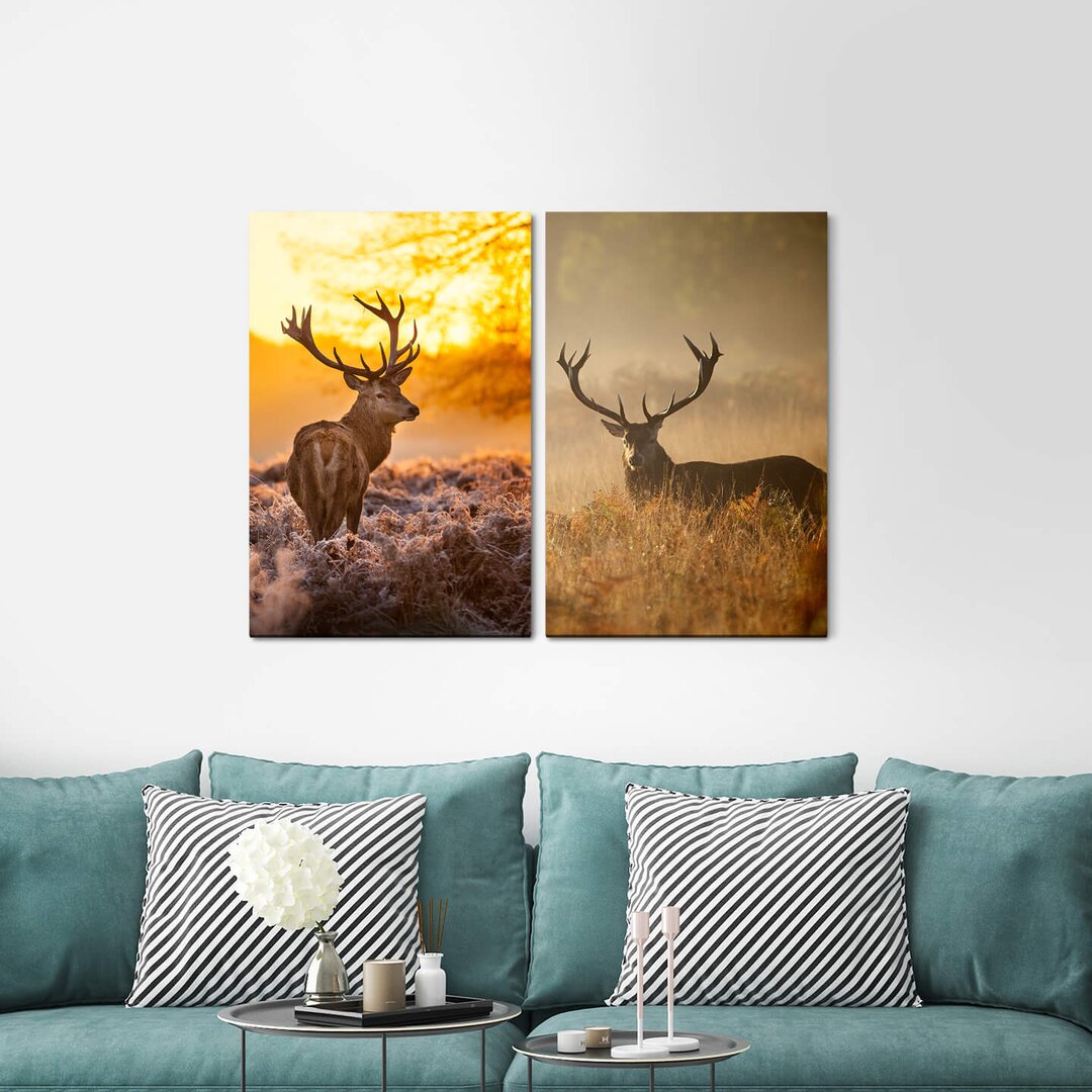 2-tlg. Leinwandbilder-Set - Grafikdruck „Deer Antlers Forest Peaceful Nature Game”