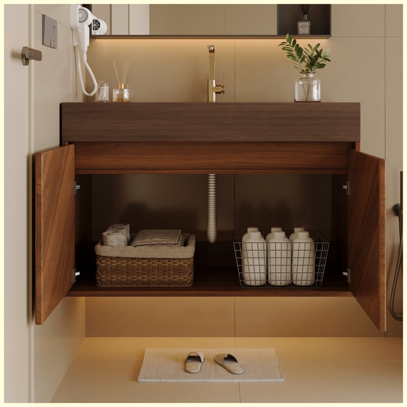 Meuble-lavabo mural moderne 30 po avec lavabo en céramique, finition chêne brun et portes à fermeture en douceur