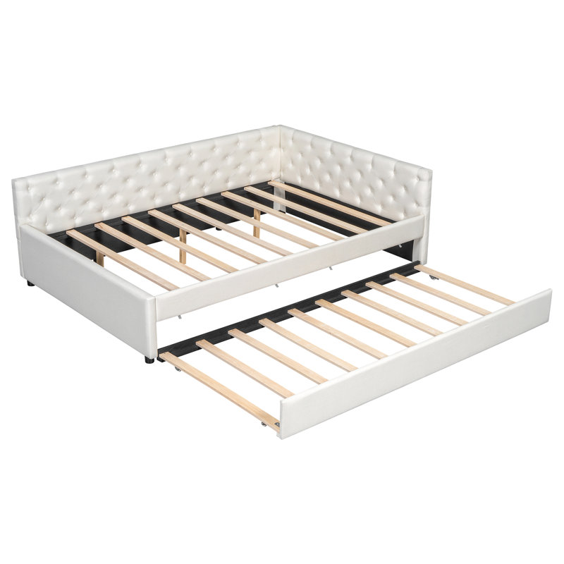 Lit plateforme tapissier double capitonné avec lit gigogne simple TG, Beige
