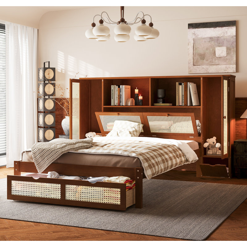 Twin Size Wooden Bed with Two Storage Lockers, Drawer, and Storage Shelf on Headboard, Walnut