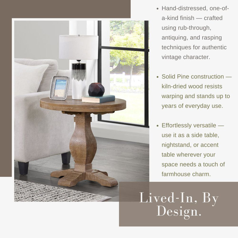 Sarcoline Solid Wood Round Pedestal End Table, Driftwood