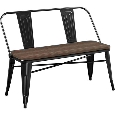 Industrial Metal Dining Bench Mid-century Farmhouse Bench With Wooden Top Seat And Removable Backrest For Kitchen/garden, Black by 17 Stories