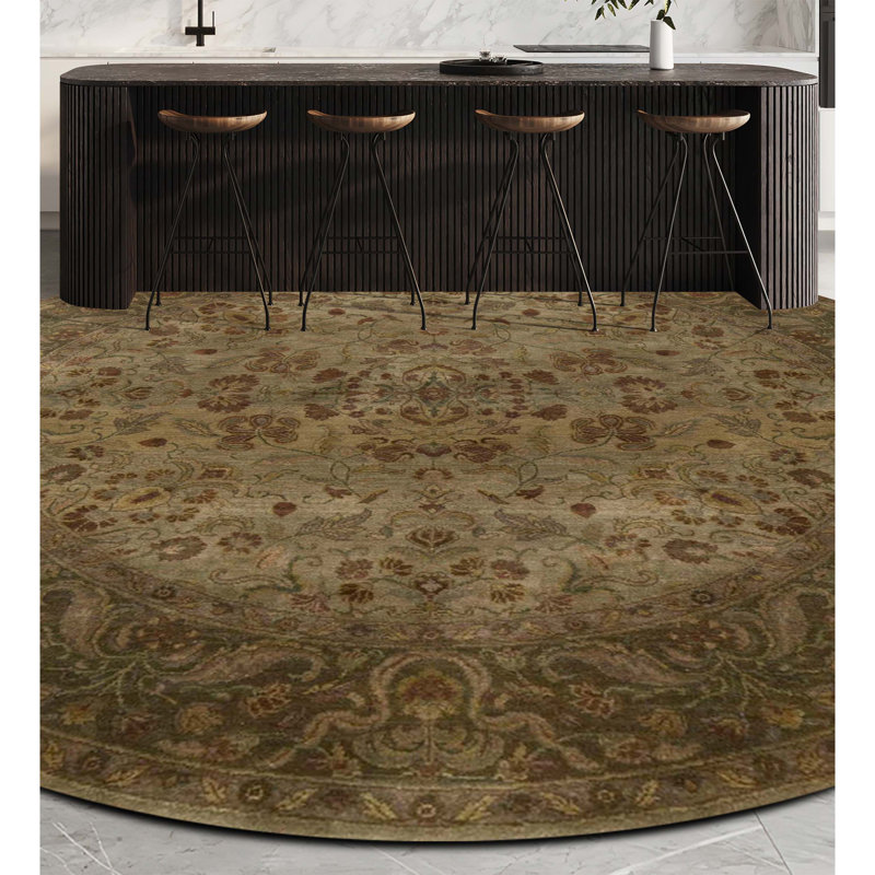 Hand-Knotted High-Quality Green and Brown Round Area Rug