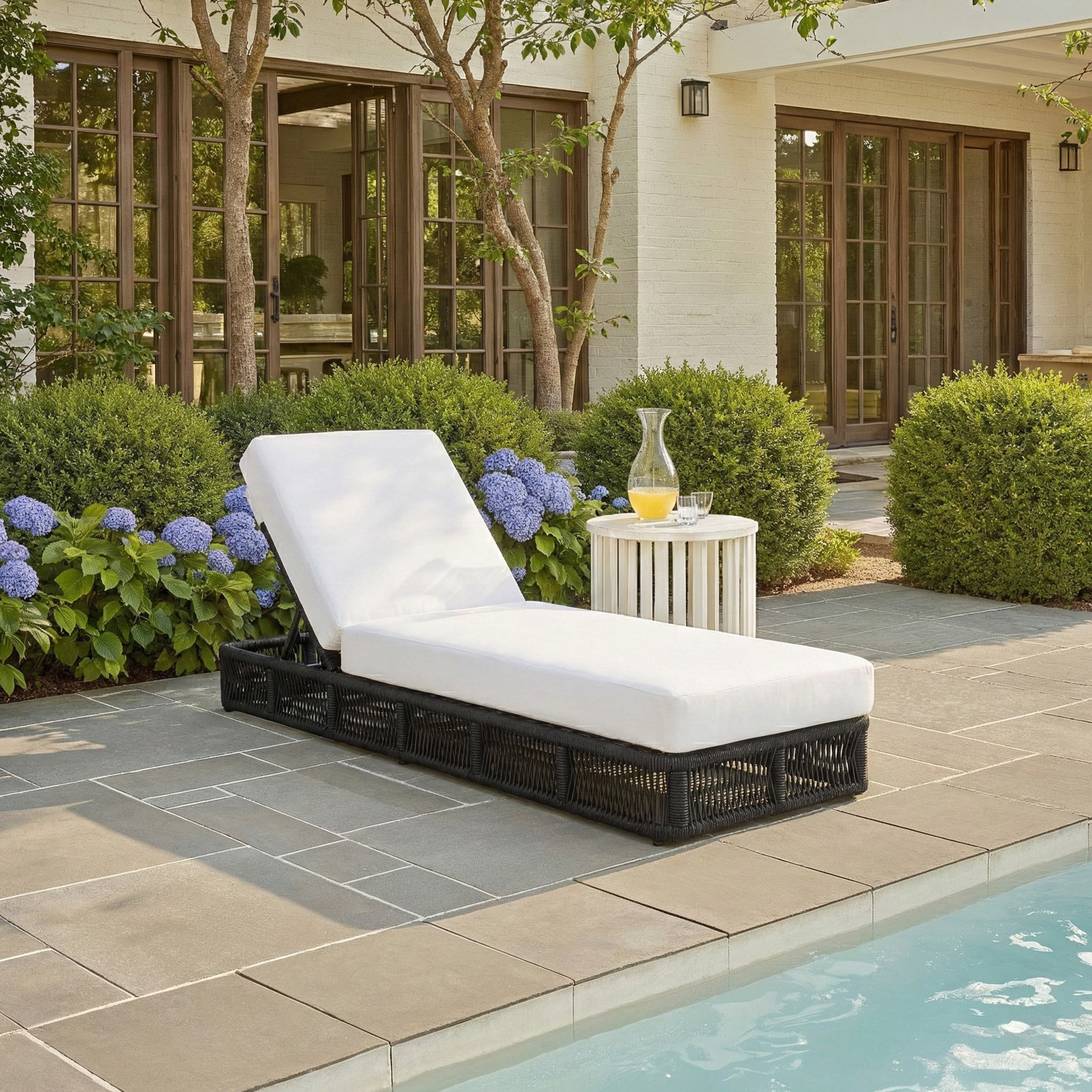 Langley 25" Patio Chaise Lounge, Black Frame/White Cushion