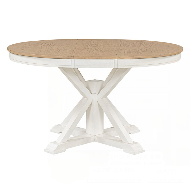 Retro Functional Extendable Dining Table With A 12" Leaf For Dining Room And Living Room, Natural Wood/Off White