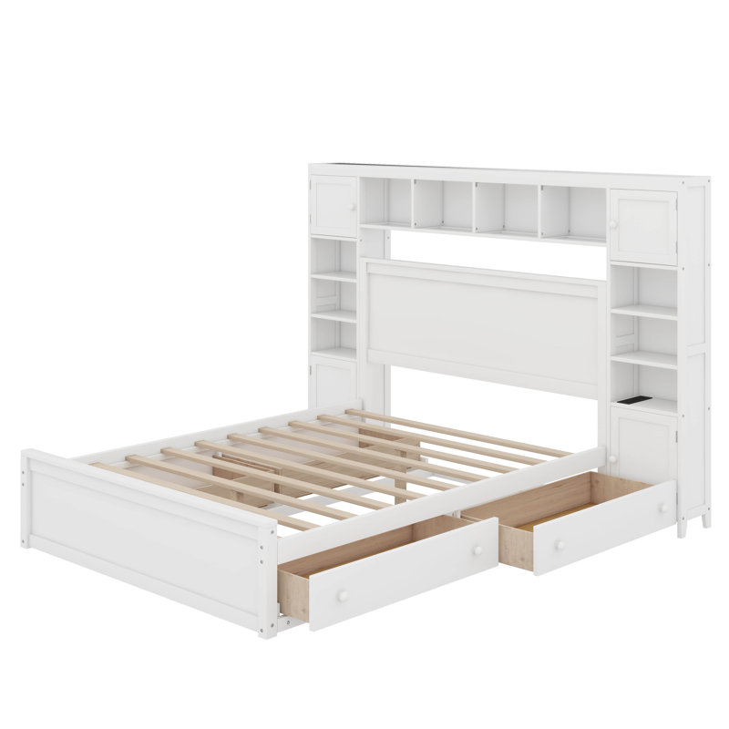 Grand lit en bois avec armoire, tablette et prises tout-en-un, Blanc