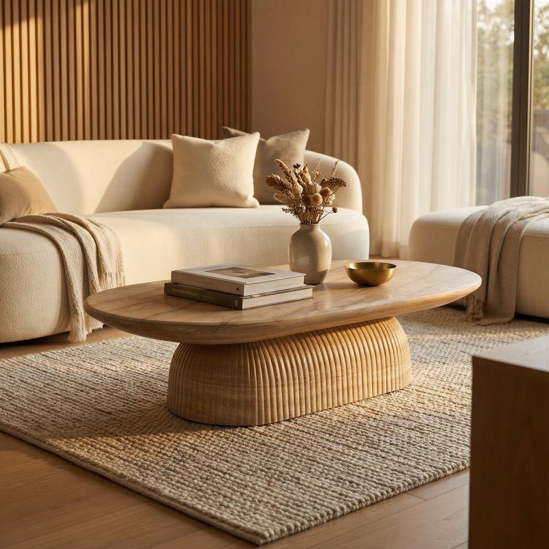 Tithi Pill Shaped Coffee Table Stone Effect Roman-Inspired Fluted Design Weatherproof Indoor Outdoor Furniture