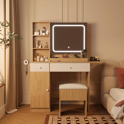Makeup Vanity Desk w/ LED Lights & Power Outlets - 2 Drawers, Cabinet & Stool - Dressing Table with Charging Station by Wrought Studio