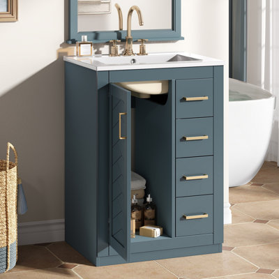 24" Bathroom Vanity With Integrated Ceramic Sink, Bathroom Cabinet With 1 Door, 3 Drawers, Single Sink Bathroom Vanity For Small And Medium Restroom