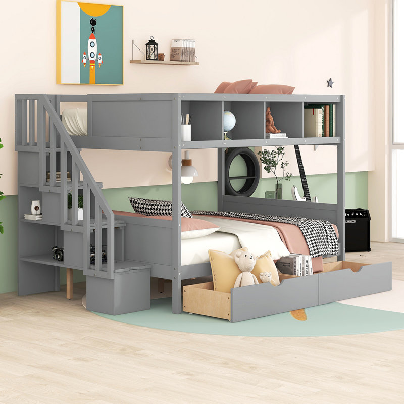 Lit superposé avec tablettes, escalier de rangement et 2 tiroirs, Gris
