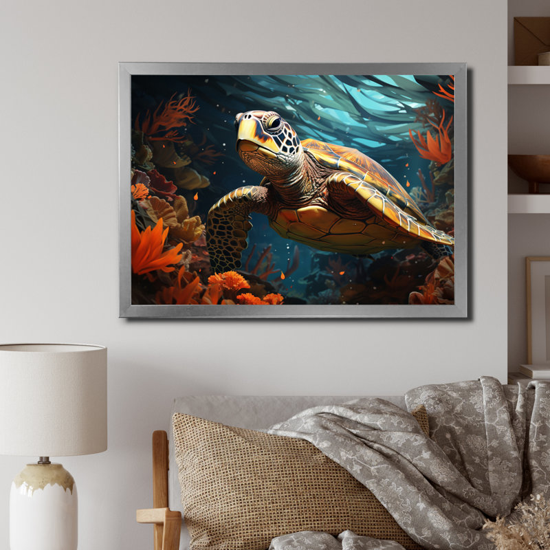 «Turtle Aquatic Wanderer», impression géométrique sur toile, Cadre simple argenté, H 30 po x l 40 po x P 1,5 po