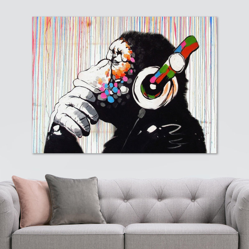 DJ Monkey Gorilla Chimp Rainbow Rain - Wrapped Canvas Print, 41cm H x 61cm W x 4cm D