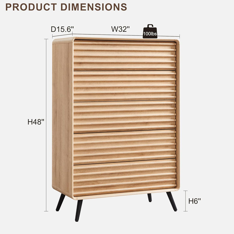 48" Tall 5-Drawer Vertical Dresser, Mid-Century Modern Fluted Panel Design, Wood Storage Cabinet for Bedroom, Living Room, Space-Saving Organization