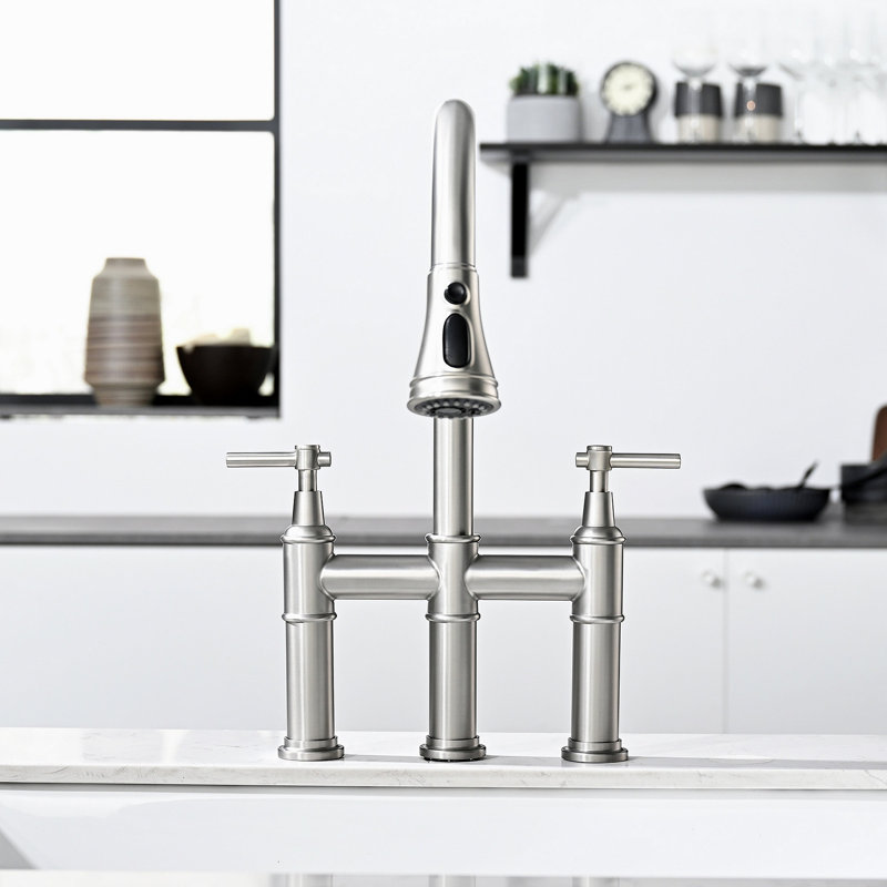 Robinet de cuisine à 3 trous en nickel brossé avec douchette rétractable et robinet à 2 poignées pour évier de cuisine