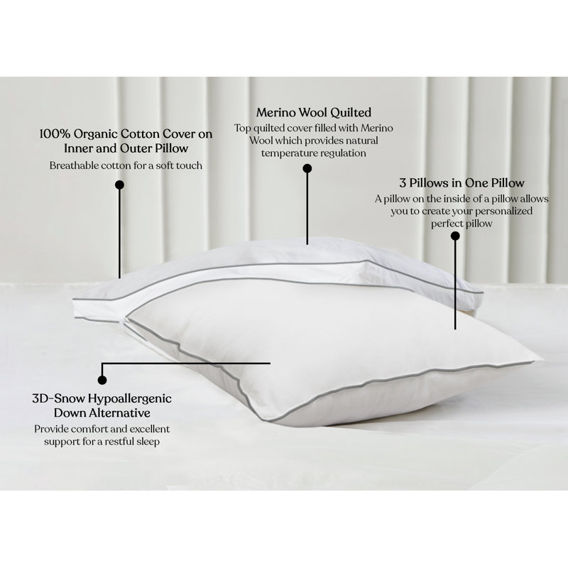 King Size White Merino Wool Quilted Adjustable Pillow with Organic Cotton Cover