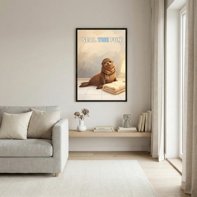 Seal The Fun Cartoon Animal With Scarf And Towel Canvas Wrapped Wall Art Oil Painting Print Set Of 1