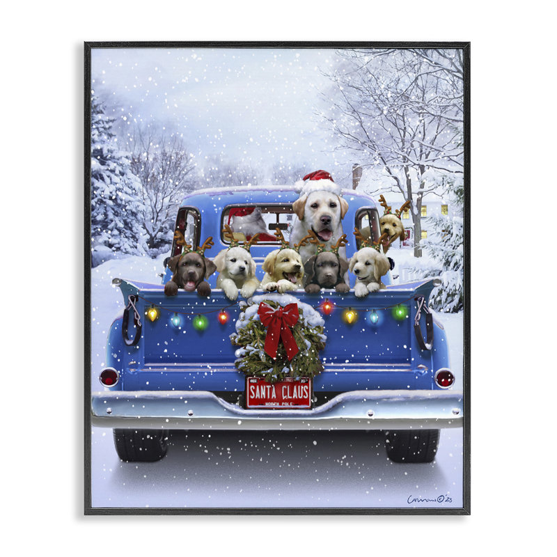 «Christmas Tailgate Dog Truck», estampe numérique de Jadei, Giclée encadrée noir minuit, H 30 po x l 24 po