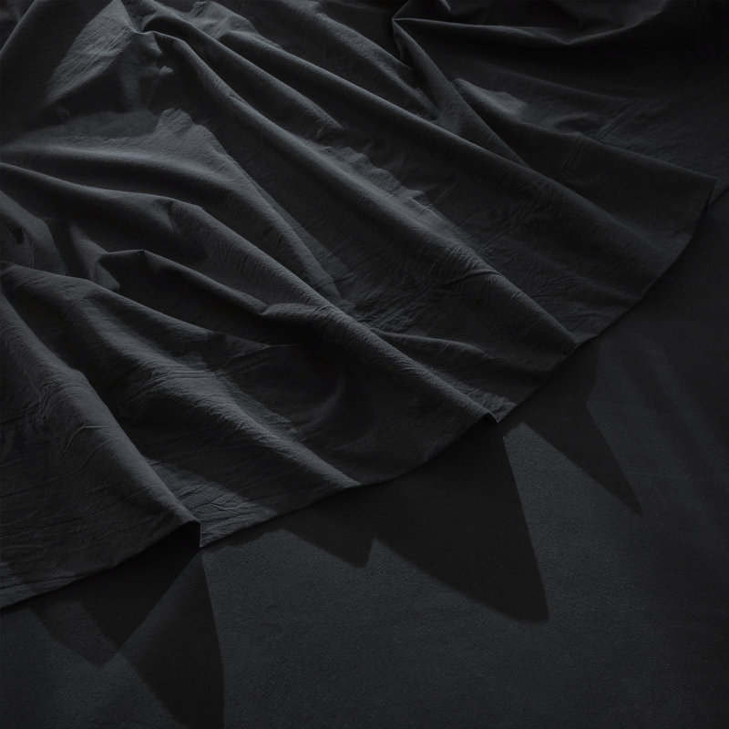Drap plat 100% coton lavé MooMee, Drap plat grand, Noir, noir, noir, noir