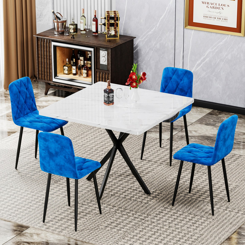 Ensemble de 4 chaises de salle à manger, chaise de cuisine moderne rembourrée avec pieds en métal, Bleu