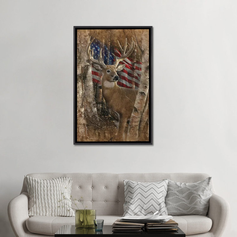Whitetail Buck America par Collin-gris-impression d’art graphique, H 48 po x l 32 po x P 1,5 po, Toile avec cadre noir patiné