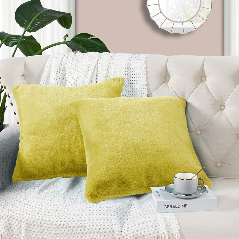  Faux Fur Throw Square Pillow Cover, Lemon Curry