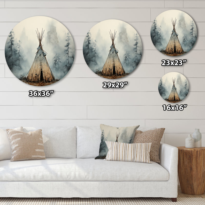 Tipi gris gris chuchotement d'esprit - art rond en métal, H 36 po x l 36 po