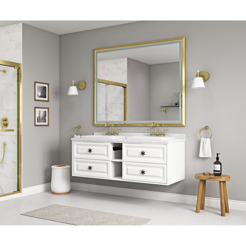 Miroir de salle de bain 48 po x 72 po à DEL, fixation murale avec structure en aluminium, brouillard, 3 modes de couleur, éclairage à intensité variable en continu, bord brossé doré 48 po x 72 po, technologie de brouillard, températures, luminosité réglable