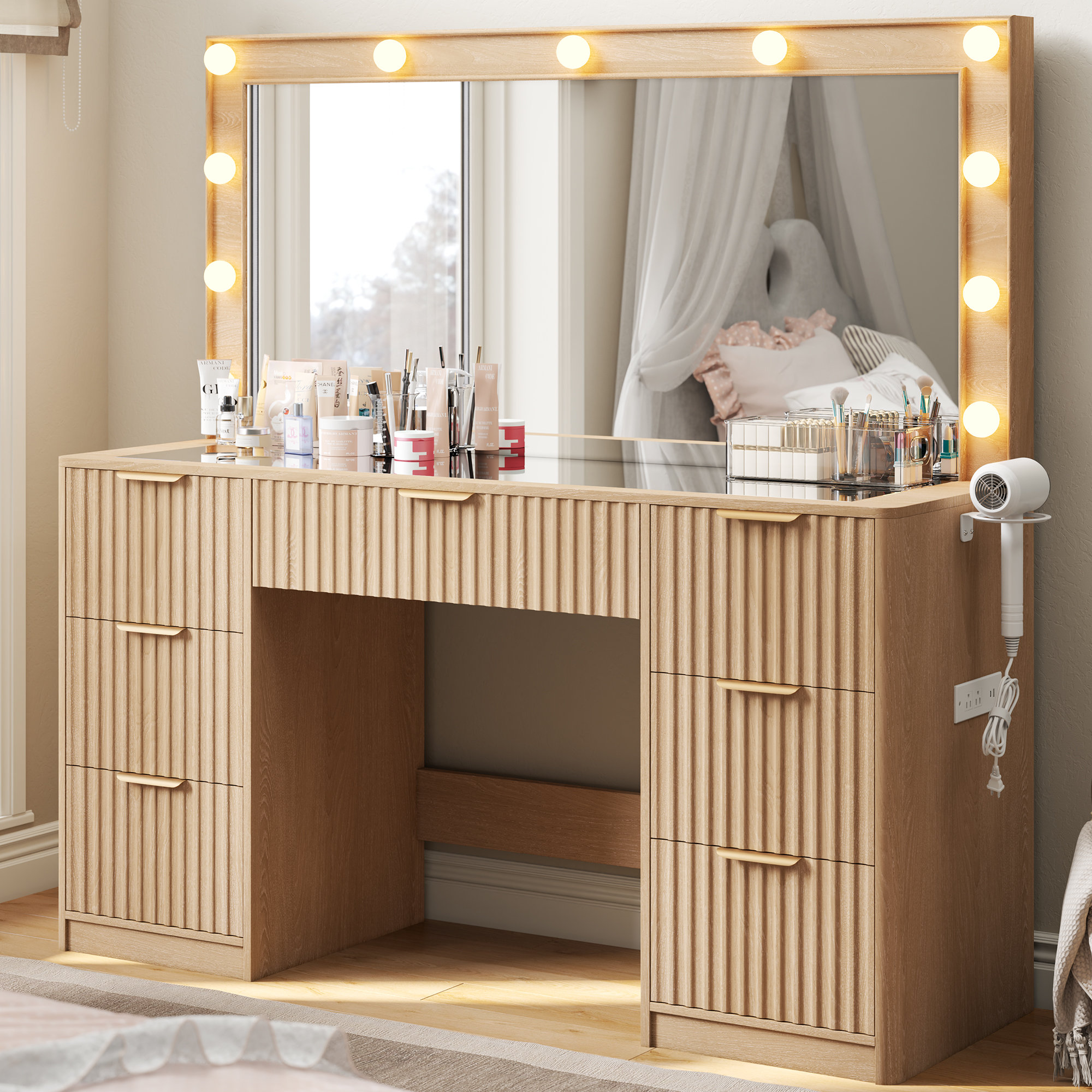 47" Large Natural Vanity Desk With Mirror & Adjustable Led Lights
