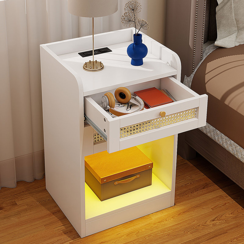  15.7'' W Boho Nightstands | 2 Drawers & USB/AC Outlets(Set Of 2 ), White