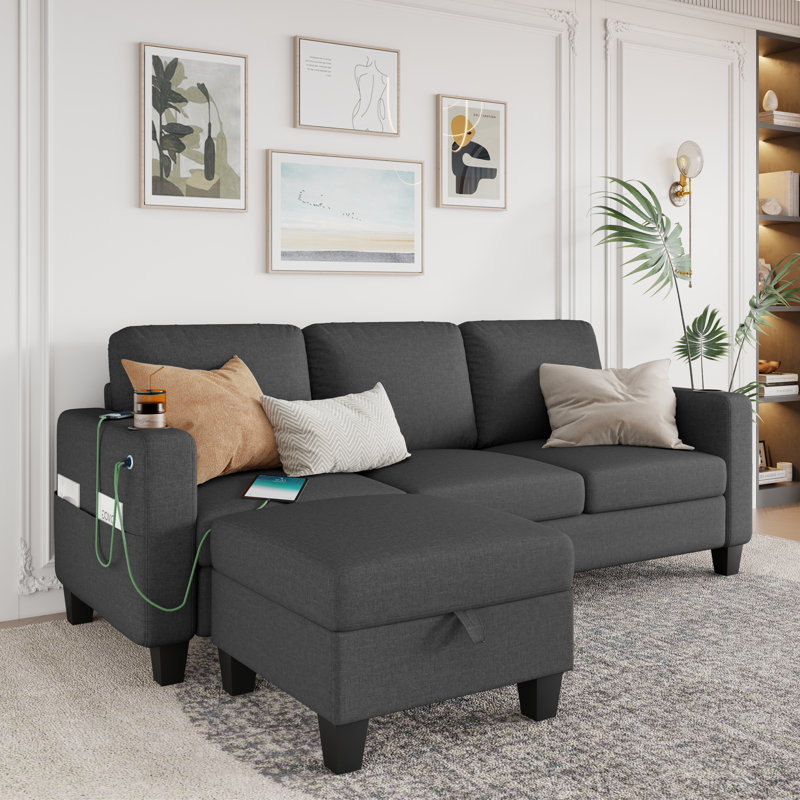 Canapé d'angle de 78 po avec supports USB et porte-gobelets double - Linen Elegance, Gris foncé