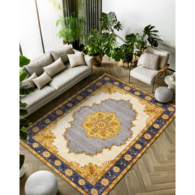 Girvin Yellow Gray Oriental Machine Printed Cotton Polyester Area Rug, Runner 3'4" x 13'2"
