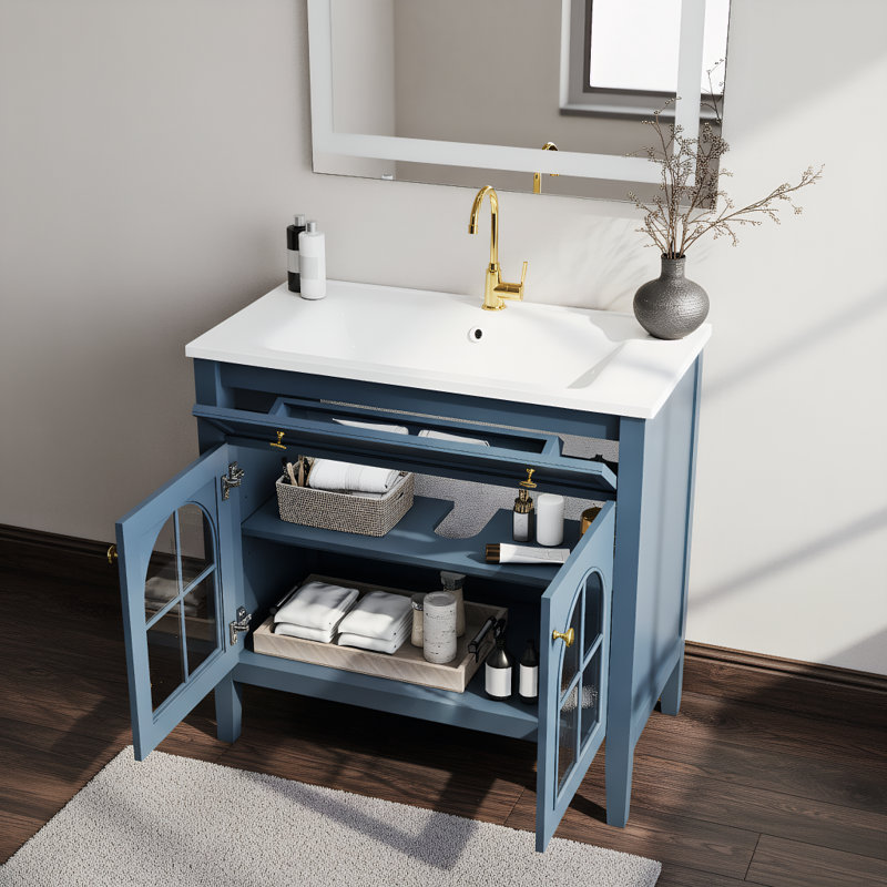 Meuble-lavabo autoportant 35,6 po Mid-Century avec lavabo en verre à motif, bande lumineuse à capteur de mouvement et armoire de rangement