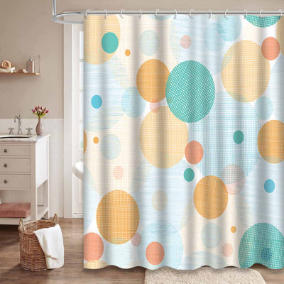 Fabric Circles Abstract Drawn White Shower Curtain with 12 Hooks