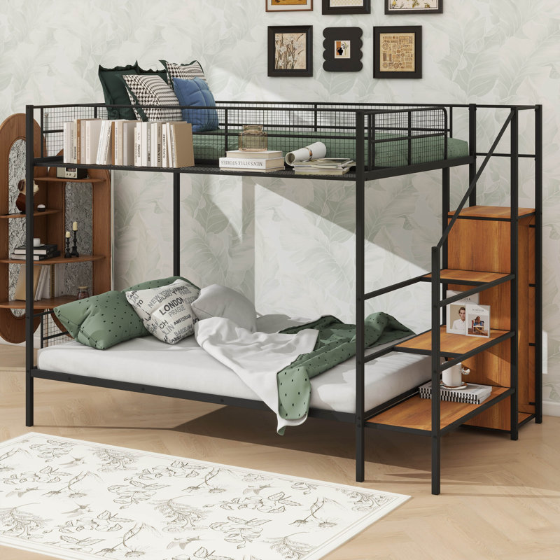 Lit superposé pratique en métal avec étagères grillagées et armoire intégrée, Noir, noir, noir, noir