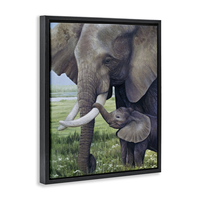 Cadre flottant pour bébé éléphant et mère, design par James Corwin, Cadre flottant noir de jais, H 21 po x l 17 po